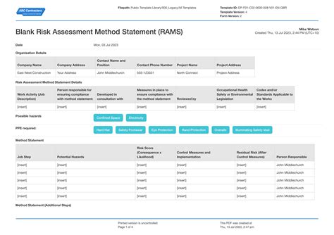 RAMS Risk Assessment Method Statement example .